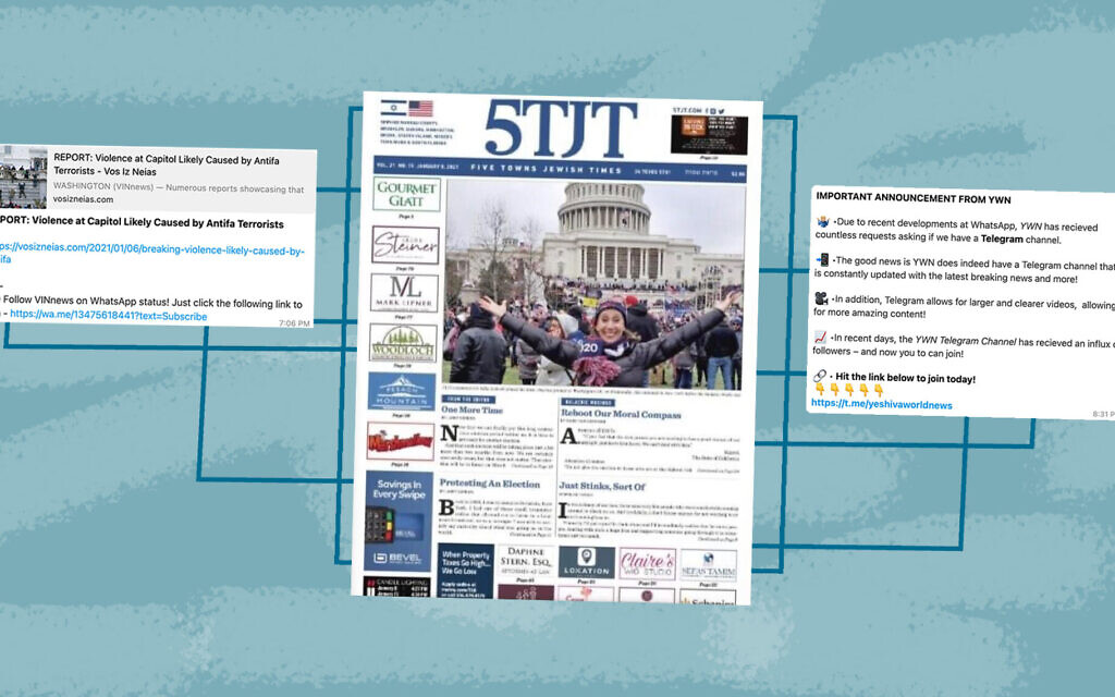 After years of positive coverage of Donald Trump, some Orthodox publications condemned the violence at the Capitol but declined to blame it on the president. (Illustration by Grace Yegel) After years of positive coverage of Donald Trump, some Orthodox publications condemned the violence at the Capitol but declined to blame it on the president. (Illustration by Grace Yegel)
