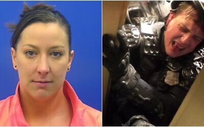 Left: Driver's license photo shows Ashli Babbitt, who was fatally shot by an employee of the Capitol Police inside the US Capitol building in Washington on Wednesday, Jan. 6, 2021, while rioters were moving toward the House chamber; Right: A police officer is crushed by a door as Trump supporters storm the US Capitol (video screenshot)