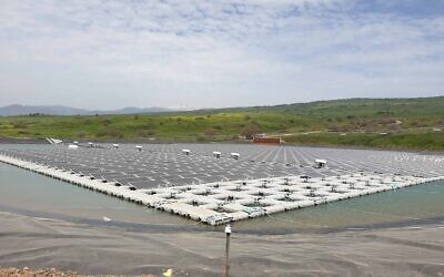 Solar panels floating on a reservoir on the Golan Heights, near to Kibbutz Shamir, in northern Israel. (Courtesy, Golan Solar)