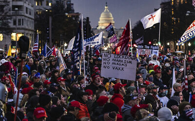Supporters of US President Donald Trump gather for a rally at Freedom Plaza in Washington, DC, on January 5, 2021. A string of extremists are expected at the rally. (Samuel Corum/Getty Images via JTA)