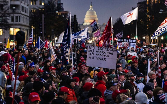 Supporters of US President Donald Trump gather for a rally at Freedom Plaza in Washington, DC, on January 5, 2021. A string of extremists are expected at the rally. (Samuel Corum/Getty Images via JTA) Supporters of US President Donald Trump gather for a rally at Freedom Plaza in Washington, DC, on January 5, 2021. A string of extremists are expected at the rally. (Samuel Corum/Getty Images via JTA)