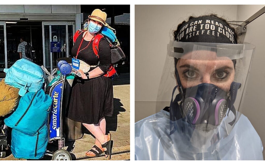 Left: Dr. Deena Wasserman prepares to depart from Newark Airport on her flight to move to Israel; Right: Dr. Deena Wasserman in the protective gear sometimes required when treating patients during the pandemic. (Courtesy) Left: Dr. Deena Wasserman prepares to depart from Newark Airport on her flight to move to Israel; Right: Dr. Deena Wasserman in the protective gear sometimes required when treating patients during the pandemic. (Courtesy)