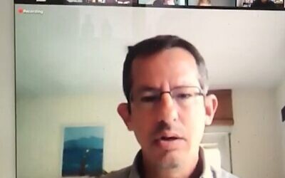 B'Tselem head Hagai El-Ad gives a webinar to Haifa students, January 18, 2020 (Screen grab/Walla)