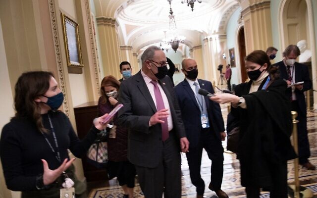 Senate Majority Leader Charles E. Schumer (D-NY) speaks to reporters as he leaves after the third day of former US President Donald Trump's second impeachment trial before the Senate on Capitol Hill February 11, 2021, in Washington, DC. (Brendan Smialowski / AFP) Senate Majority Leader Charles E. Schumer (D-NY) speaks to reporters as he leaves after the third day of former US President Donald Trump's second impeachment trial before the Senate on Capitol Hill February 11, 2021, in Washington, DC. (Brendan Smialowski / AFP)