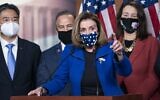 US Speaker of the House Nancy Pelosi, with House impeachment managers, speaks to the press after the Senate voted to acquit former US President Donald Trump, in the US Capitol in Washington, DC, on February 13, 2021 (Alex Edelman / AFP)