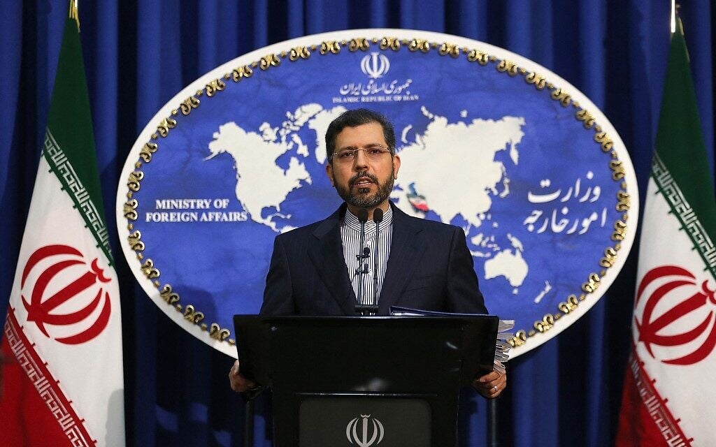 Illustrative: Iranian foreign ministry spokesman Saeed Khatibzadeh during a press conference in Tehran, on February 22, 2021. (Atta Kenare/AFP) Illustrative: Iranian foreign ministry spokesman Saeed Khatibzadeh during a press conference in Tehran, on February 22, 2021. (Atta Kenare/AFP)