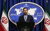 Illustrative: Iranian foreign ministry spokesman Saeed Khatibzadeh during a press conference in Tehran, on February 22, 2021. (Atta Kenare/AFP)