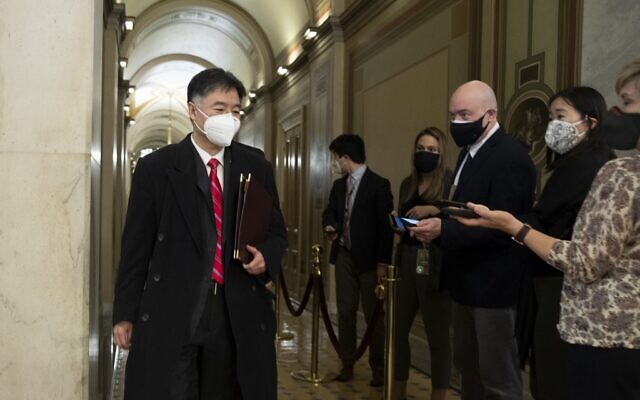 US House impeachment manager Rep. Ted Lieu (D-CA) (L) walks past members of the news media as he leaves at the end of the third day of former U.S. President Donald Trump's second impeachment trial at the U.S. Capitol on February 11, 2021 in Washington, DC. (Michael Reynolds-Pool/Getty Images/AFP US House impeachment manager Rep. Ted Lieu (D-CA) (L) walks past members of the news media as he leaves at the end of the third day of former U.S. President Donald Trump's second impeachment trial at the U.S. Capitol on February 11, 2021 in Washington, DC. (Michael Reynolds-Pool/Getty Images/AFP
