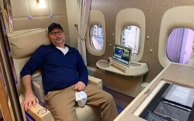 Moti Kahana on a plane from Dubai to New Jersey in february 28, 2021. (Courtesy Moti Kahana)
