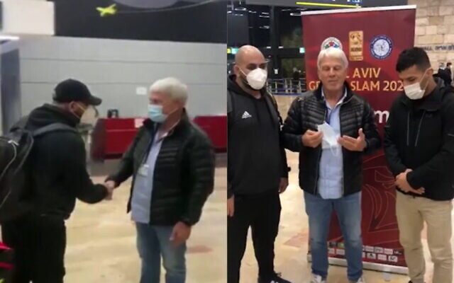 Moshe Ponte, the chair of the Israel Judo Association meets Iranian dissident Saeid Mollaei at Ben Gurion Airport on February 14, 2021 (Screenshot: Channel 12) Moshe Ponte, the chair of the Israel Judo Association meets Iranian dissident Saeid Mollaei at Ben Gurion Airport on February 14, 2021 (Screenshot: Channel 12)