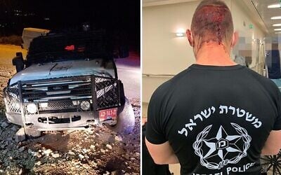 A police vehicle stoned by participants at an illegal wedding near the Itamar settlement on February 11, 2020, and one of the officers who was lightly injured while breaking up the gathering. (Israel Police)