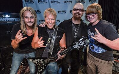 From left: Richie Faulkner from Judas Priest, Scott Keller, Rob Halford from Judas Priest, Laughlin Keller at Rock ‘n’ Roll Fantasy Camp in Los Angeles, November 10, 2016. (Courtesy Rock N' Roll Fantasy Camp)