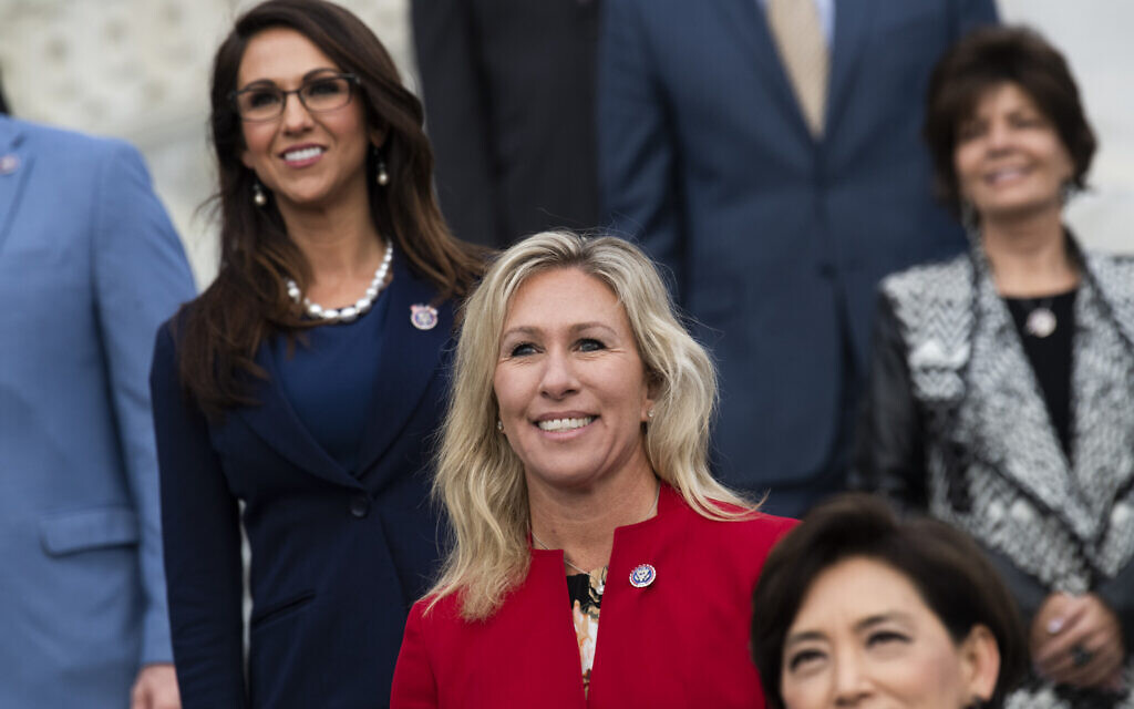 Reps. Marjorie Taylor Greene, center, and Lauren Boebert, left, are seen during a group photo with freshmen members of the House Republican Conference in Washington, DC, January 4, 2021. (Tom Williams/CQ-Roll Call, Inc via Getty Images/ via JTA/ SUE) Reps. Marjorie Taylor Greene, center, and Lauren Boebert, left, are seen during a group photo with freshmen members of the House Republican Conference in Washington, DC, January 4, 2021. (Tom Williams/CQ-Roll Call, Inc via Getty Images/ via JTA/ SUE)