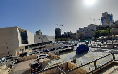A view of the under-construction Museum of Tolerance Jerusalem on April 5, 2021. (Joshua Davidovich/Times of Israel)