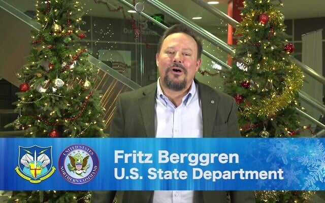 Fritz Berggren appears in a holiday video shared by the US Department of Defense in 2018. (Department of Defense via JTA) Fritz Berggren appears in a holiday video shared by the US Department of Defense in 2018. (Department of Defense via JTA)