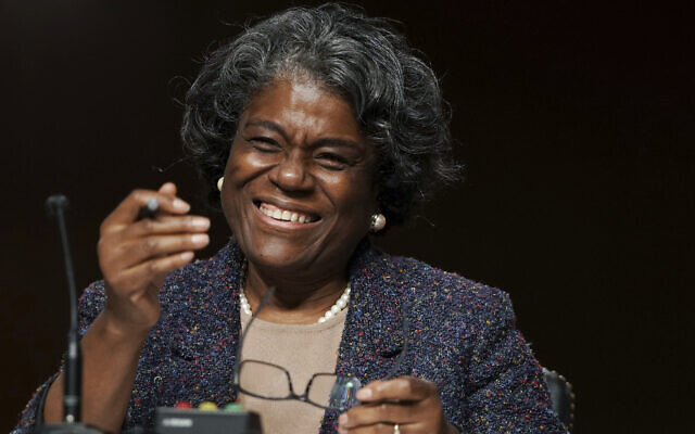 Linda Thomas-Greenfield smiles as she testifies during her confirmation hearing for US ambassador to the UN, before the Senate Foreign Relations Committee on Capitol Hill, January 27, 2021, in Washington. (Greg Nash/Pool via AP) Linda Thomas-Greenfield smiles as she testifies during her confirmation hearing for US ambassador to the UN, before the Senate Foreign Relations Committee on Capitol Hill, January 27, 2021, in Washington. (Greg Nash/Pool via AP)