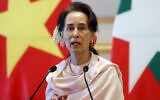 In this December 17, 2019, file photo, Myanmar's leader Aung San Suu Kyi speaks during a joint press conference with Vietnam's Prime Minister Nguyen Xuan Phuc after their meeting at the Presidential Palace in Naypyitaw, Myanmar. (AP Photo/Aung Shine Oo, File)