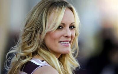 Adult film actress Stormy Daniels attends the opening of the adult entertainment fair 'Venus,' in Berlin, October 11, 2018. (Markus Schreiber/AP)