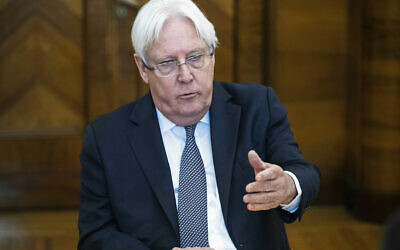 In this July 1, 2019 photo, United Nations Special Envoy to Yemen Martin Griffiths speaks during his meeting with Russian Foreign Minister Sergey Lavrov in Moscow, Russia. (AP/Pavel Golovkin)