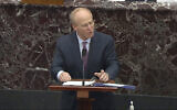 In this image from video, David Schoen, an attorney for former US president Donald Trump, speaks during the second impeachment trial of Trump in the Senate at the US Capitol in Washington, February 9, 2021. (Senate Television via AP)