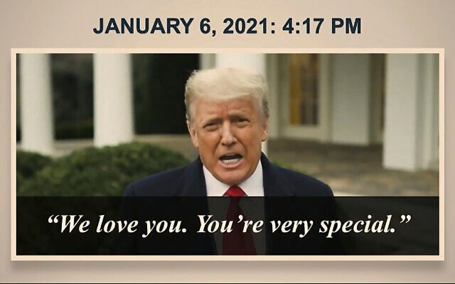 A video from Donald Trump is shown to senators as House impeachment manager Rep. Jamie Raskin, D-Md., speaks during the second impeachment trial of former President Donald Trump in the Senate at the US Capitol in Washington, February 10, 2021. (Senate Television via AP)