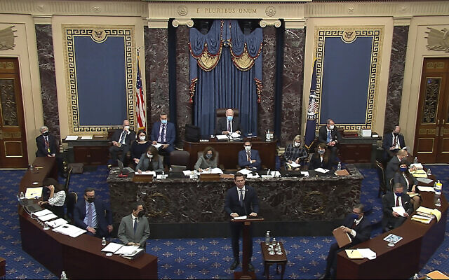 House impeachment manager Rep. Eric Swalwell, D-Calif., speaks during the second impeachment trial of former US President Donald Trump in the Senate at the U.S. Capitol in Washington, Wednesday, February 10, 2021. (Senate Television via AP) House impeachment manager Rep. Eric Swalwell, D-Calif., speaks during the second impeachment trial of former US President Donald Trump in the Senate at the U.S. Capitol in Washington, Wednesday, February 10, 2021. (Senate Television via AP)