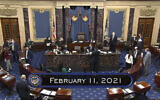In this image from video, the Senate begins the third day in the second impeachment trial of former president Donald Trump in the Senate at the US Capitol in Washington, Thursday, Feb. 11, 2021. (Senate Television via AP)