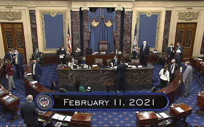 In this image from video, the Senate begins the third day in the second impeachment trial of former president Donald Trump in the Senate at the US Capitol in Washington, Thursday, Feb. 11, 2021. (Senate Television via AP) In this image from video, the Senate begins the third day in the second impeachment trial of former president Donald Trump in the Senate at the US Capitol in Washington, Thursday, Feb. 11, 2021. (Senate Television via AP)