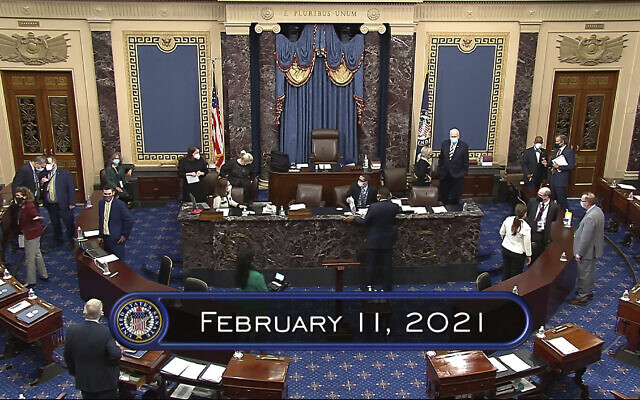 In this image from video, the Senate begins the third day in the second impeachment trial of former president Donald Trump in the Senate at the US Capitol in Washington, Thursday, Feb. 11, 2021. (Senate Television via AP) In this image from video, the Senate begins the third day in the second impeachment trial of former president Donald Trump in the Senate at the US Capitol in Washington, Thursday, Feb. 11, 2021. (Senate Television via AP)