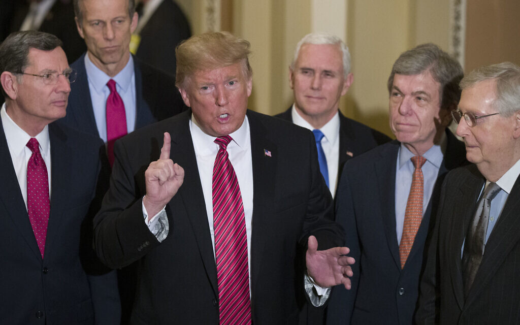 In this Wednesday, Jan. 9, 2019 file photo, Sen. John Barrasso, R-Wyo., left, and Sen. John Thune, R-S.D., stand with President Donald Trump, Vice President Mike Pence, Sen. Roy Blunt, R-Mo., and Senate Majority Leader Mitch McConnell of Ky., as Trump speaks while departing after a Senate Republican Policy luncheon, on Capitol Hill in Washington. (AP Photo/Alex Brandon, File) In this Wednesday, Jan. 9, 2019 file photo, Sen. John Barrasso, R-Wyo., left, and Sen. John Thune, R-S.D., stand with President Donald Trump, Vice President Mike Pence, Sen. Roy Blunt, R-Mo., and Senate Majority Leader Mitch McConnell of Ky., as Trump speaks while departing after a Senate Republican Policy luncheon, on Capitol Hill in Washington. (AP Photo/Alex Brandon, File)