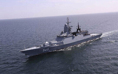In this photo released February 16, 2021, by the Iranian army, a Russian warship enters Iranian waters for a joint naval exercise with the Iranian navy and Iran's Revolutionary Guard navy. (Iranian Army via AP)