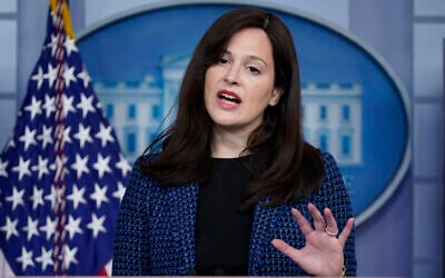 White House deputy national security adviser Anne Neuberger speaks during a press briefing, February 17, 2021, in Washington. (AP Photo/Evan Vucci)