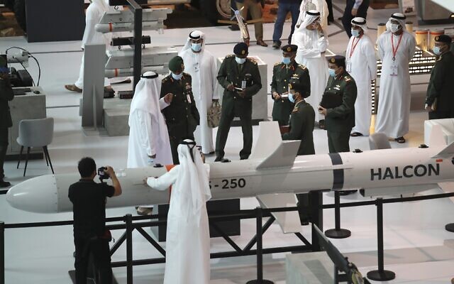 A military delegation visit the display of Halcon, a regional leader in the end-to-end manufacturing of precision-guided systems, during the opening day of the International Defence Exhibition and Conference, IDEX, in Abu Dhabi, United Arab Emirates, February 21, 2021. (Kamran Jebreili/AP) A military delegation visit the display of Halcon, a regional leader in the end-to-end manufacturing of precision-guided systems, during the opening day of the International Defence Exhibition and Conference, IDEX, in Abu Dhabi, United Arab Emirates, February 21, 2021. (Kamran Jebreili/AP)