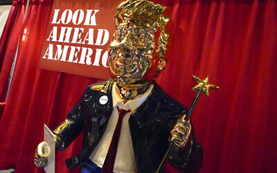 A statue of former US president Donald Trump on display at the merchandise show at the Conservative Political Action Conference (CPAC) February 26, 2021, in Orlando, Florida. (AP/John Raoux)