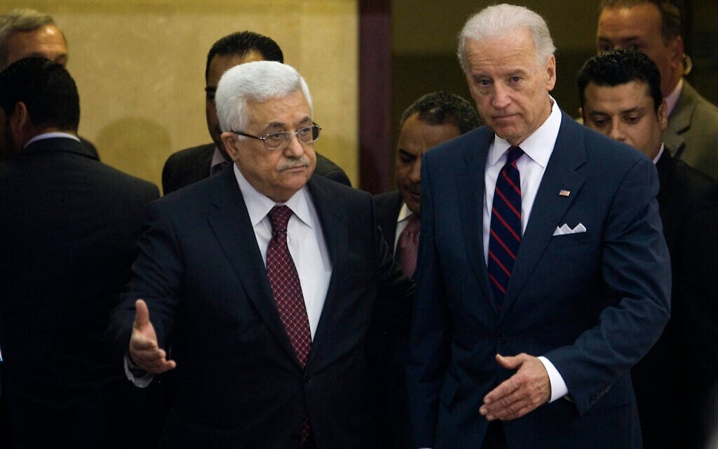 Palestinian Authority President Mahmoud Abbas, left, and then-US vice president Joe Biden after a meeting in the West Bank city of Ramallah, March 10, 2010. (AP/Bernat Armangue) Palestinian Authority President Mahmoud Abbas, left, and then-US vice president Joe Biden after a meeting in the West Bank city of Ramallah, March 10, 2010. (AP/Bernat Armangue)