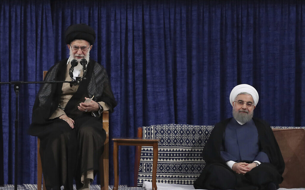 Iranian supreme leader Ayatollah Ali Khamenei, left, speaks during the official endorsement ceremony of President Hassan Rouhani, right, in Tehran, Iran, Thursday, Aug. 3, 2017. (Iranian Presidency Office via AP) Iranian supreme leader Ayatollah Ali Khamenei, left, speaks during the official endorsement ceremony of President Hassan Rouhani, right, in Tehran, Iran, Thursday, Aug. 3, 2017. (Iranian Presidency Office via AP)