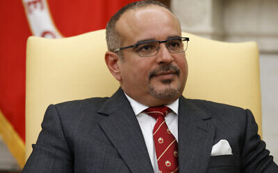 Bahrain's Crown Prince Salman bin Hamad Al Khalifa​ listens as then-US president Donald Trump speaks during a meeting in the Oval Office of the White House, on September 16, 2019. (AP Photo/Alex Brandon)