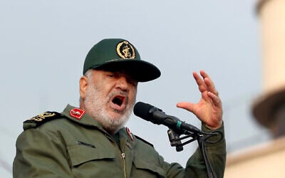Chief of Iran's Revolutionary Guard Gen. Hossein Salami speaks at a pro-government rally in Tehran, Iran, on November 25, 2019. (Ebrahim Noroozi/AP)