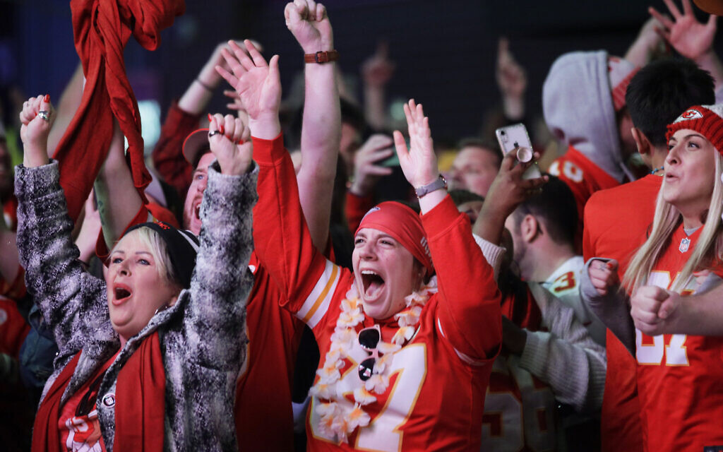 Illustrative -- Kansas City Chiefs fans celebrate the team's Super Bowl victory in Kansas City, Missouri, Feb. 2, 2020. (AP Photo/Orlin Wagner) Illustrative -- Kansas City Chiefs fans celebrate the team's Super Bowl victory in Kansas City, Missouri, Feb. 2, 2020. (AP Photo/Orlin Wagner)