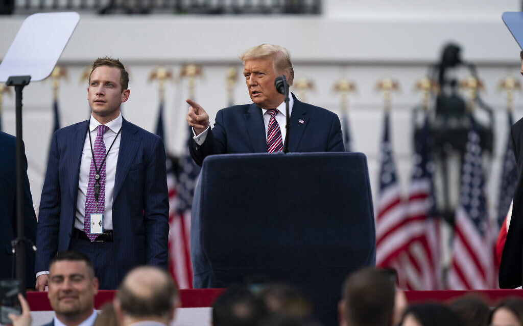 Then-US president Donald Trump talks with Deputy Campaign Manager for Presidential Operations Max Miller, left, before his speech to the Republican National Convention on the South Lawn of the White House, Aug. 27, 2020, in Washington. (AP Photo/Evan Vucci) Then-US president Donald Trump talks with Deputy Campaign Manager for Presidential Operations Max Miller, left, before his speech to the Republican National Convention on the South Lawn of the White House, Aug. 27, 2020, in Washington. (AP Photo/Evan Vucci)