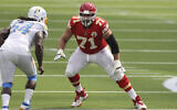 Kansas City Chiefs offensive tackle Mitchell Schwartz (71) blocks during an NFL football game between the Kansas City Chiefs and the Los Angeles Chargers, September 20, 2020, in Inglewood, California. (AP Photo/Peter Joneleit)
