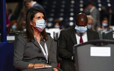 Former US Ambassador to the UN Nikki Haley takes her seat before the start of a US presidential debate, October 22, 2020, at Belmont University in Nashville, Tennessee. (AP Photo/Patrick Semansky)