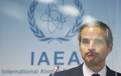 Director General of the International Atomic Energy Agency, Rafael Mariano Grossi, attends a press conference during an IAEA Board of Governors meeting at the IAEA headquarters of the UN in Vienna, Austria, November 18, 2020. (Christian Bruna/Pool Photo via AP)