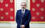 Armenian Prime Minister Nikol Pashinyan speaks to media after his talks with Russian President Vladimir Putin and Azerbaijan's President Ilham Aliyev at the Kremlin in Moscow, Russia, Monday, Jan. 11, 2021. (Mikhail Klimentyev, Sputnik, Kremlin Pool Photo via AP)