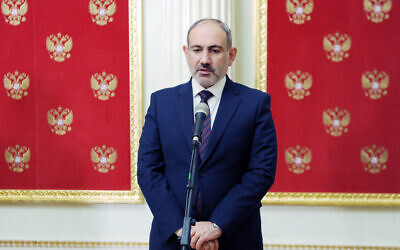 Armenian Prime Minister Nikol Pashinyan speaks to media after his talks with Russian President Vladimir Putin and Azerbaijan's President Ilham Aliyev at the Kremlin in Moscow, Russia, Monday, Jan. 11, 2021. (Mikhail Klimentyev, Sputnik, Kremlin Pool Photo via AP)