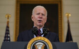 US President Joe Biden speaks about the economy in the State Dining Room of the White House, Feb. 5, 2021, in Washington. (AP Photo/Alex Brandon)