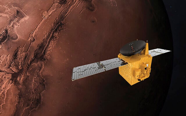 This June 1, 2020 illustration provided by Mohammed Bin Rashid Space Centre depicts the United Arab Emirates' Hope Mars probe. (Alexander McNabb/MBRSC via AP) This June 1, 2020 illustration provided by Mohammed Bin Rashid Space Centre depicts the United Arab Emirates' Hope Mars probe. (Alexander McNabb/MBRSC via AP)