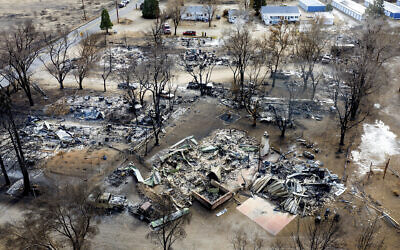 In this November 18, 2020, photo taken by a drone, residences destroyed by the Mountain View Fire line a street in the Walker community in Mono County, California.(AP/Noah Berger)