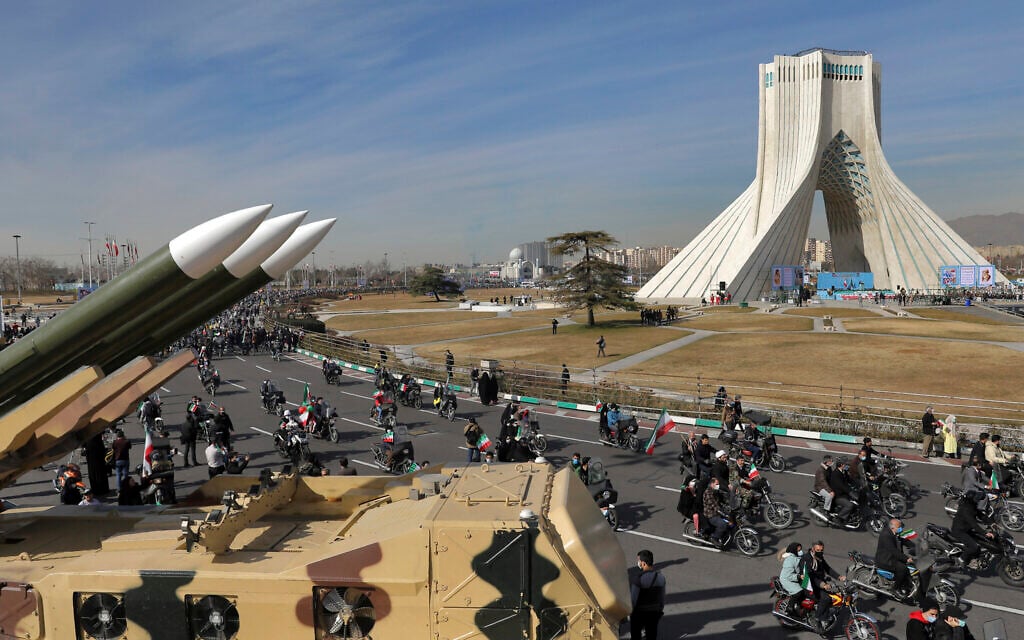 Iranians drive past missiles on motorcycles during a rally marking the 42nd anniversary of the Islamic Revolution, at Azadi (Freedom) Square in Tehran, Iran, Wednesday, February 10, 2021. (AP/Ebrahim Noroozi) Iranians drive past missiles on motorcycles during a rally marking the 42nd anniversary of the Islamic Revolution, at Azadi (Freedom) Square in Tehran, Iran, Wednesday, February 10, 2021. (AP/Ebrahim Noroozi)