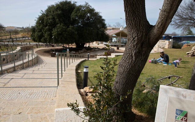 A sign attests that the small promenade was built by the Jewish National Fund, known by its Hebrew acronym KKL, near the Israeli West Bank settlement of Alon Shvut on Feb. 22, 2021. (AP Photo/Sebastian Scheiner) A sign attests that the small promenade was built by the Jewish National Fund, known by its Hebrew acronym KKL, near the Israeli West Bank settlement of Alon Shvut on Feb. 22, 2021. (AP Photo/Sebastian Scheiner)